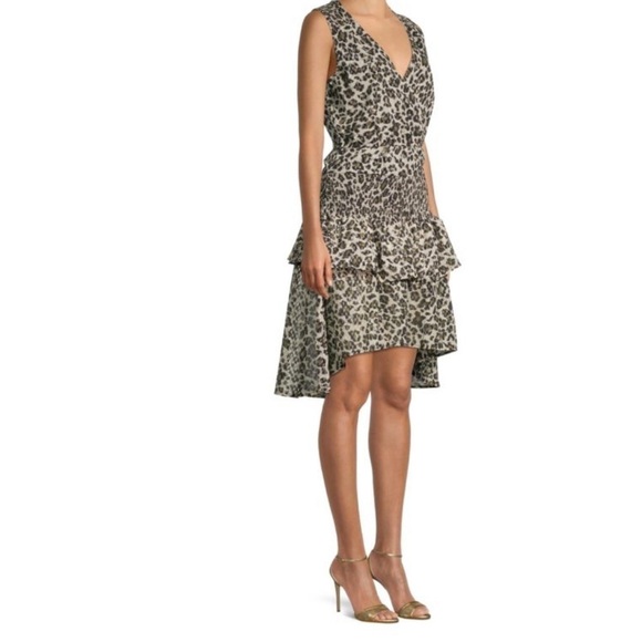 Walter Baker Leandria Dress Surplice Hi-Low Tiered Ruffle Hem Leopard Print NEW